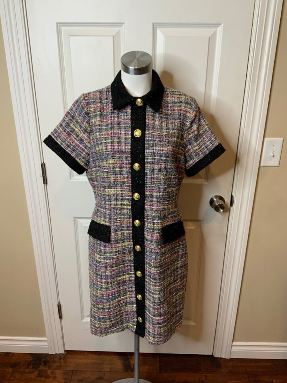 Alexia Admor Rainbow Tweed Gold Button-Up Short Sleeve Dress, Size 12